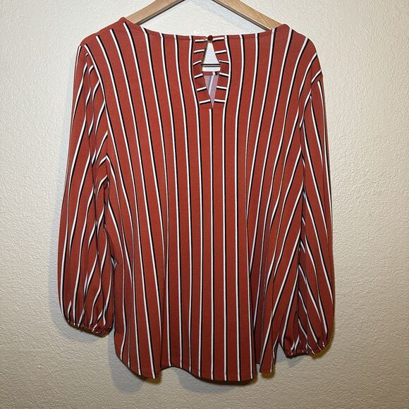 Adrianna Papell Size L Women's Blouse Orange White striped 3/4 Sleeve Top Button - Picture 4 of 5